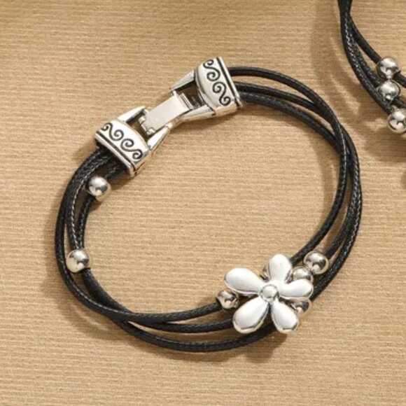 3/$35 Silver Flower Pendant Charm Layered Bracelet Ball Black Rope Cord Jewelry - Picture 1 of 5